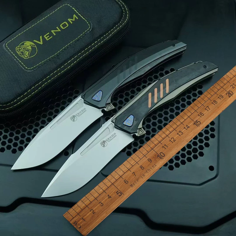 

VENOM battle axe flip folding knife M398 blade titanium+CF handle survival fishing pocket collection fruit EDC tool knife