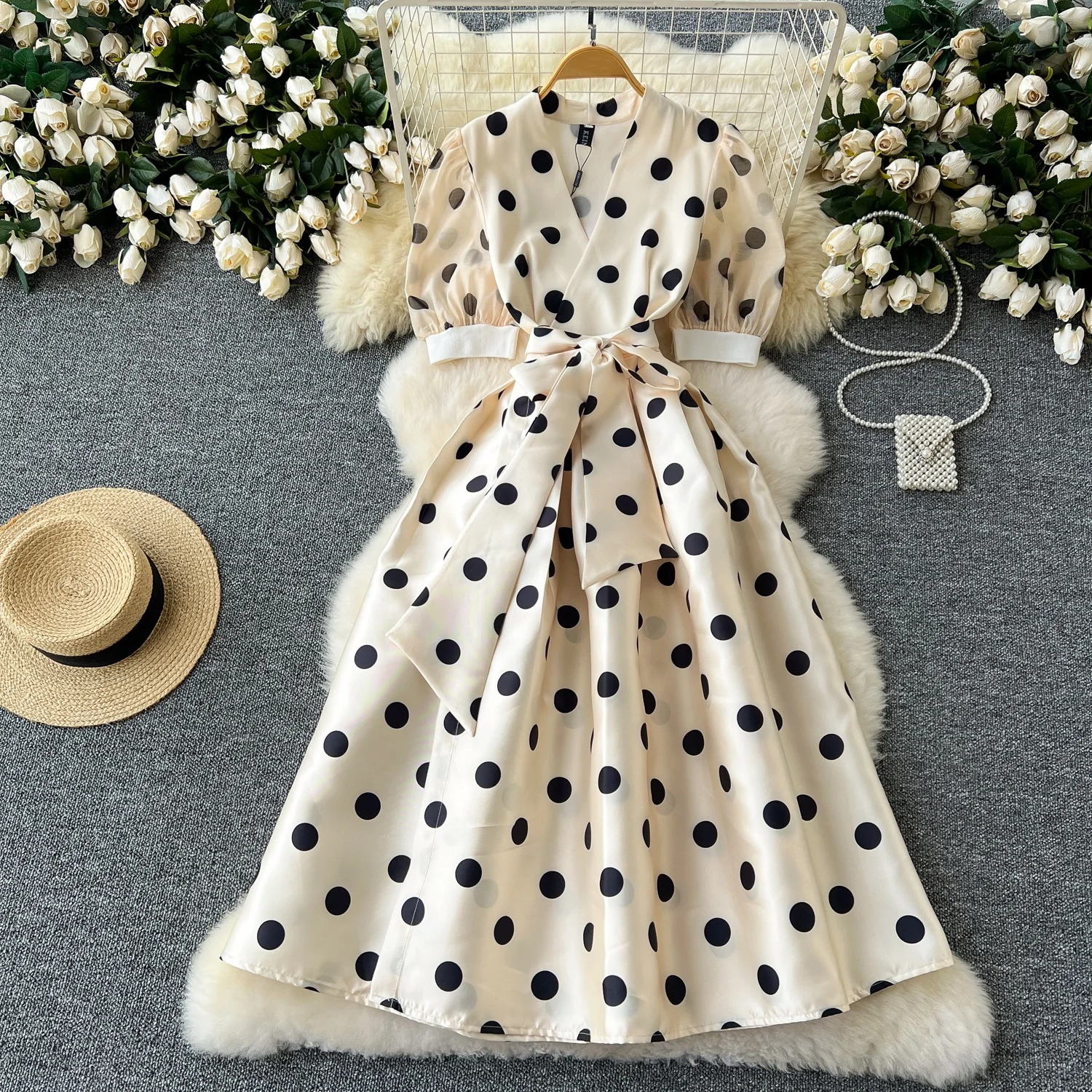 

Clothland Women Elegant Polka Dot Midi Dress V Neck Cross Design Short Sleeve Sashes One Piece Mid Calf Dresses Vestido QD595