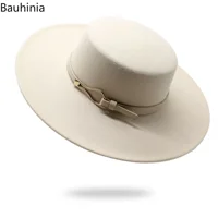 Bauhiniua Wool Felt Fedoras Jazz Cap 2022 Winter Warm Flat Top Hats 10CM Big Wide Brim Solid Color Church Hats - Image 2