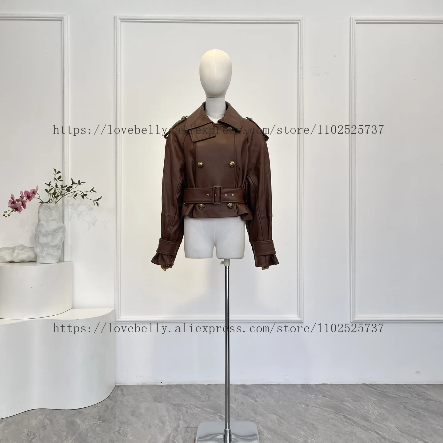 

Brown Long Sleeve Leather Lapel Jacket Tops 2026 New for Women
