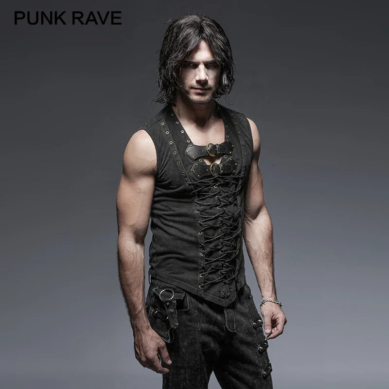 

PUNK RAVE Black Punk Rock Cotton Leather Belt Sleeveless Man Tank Tops Steampunk Casual Vest Goth Tanks Body