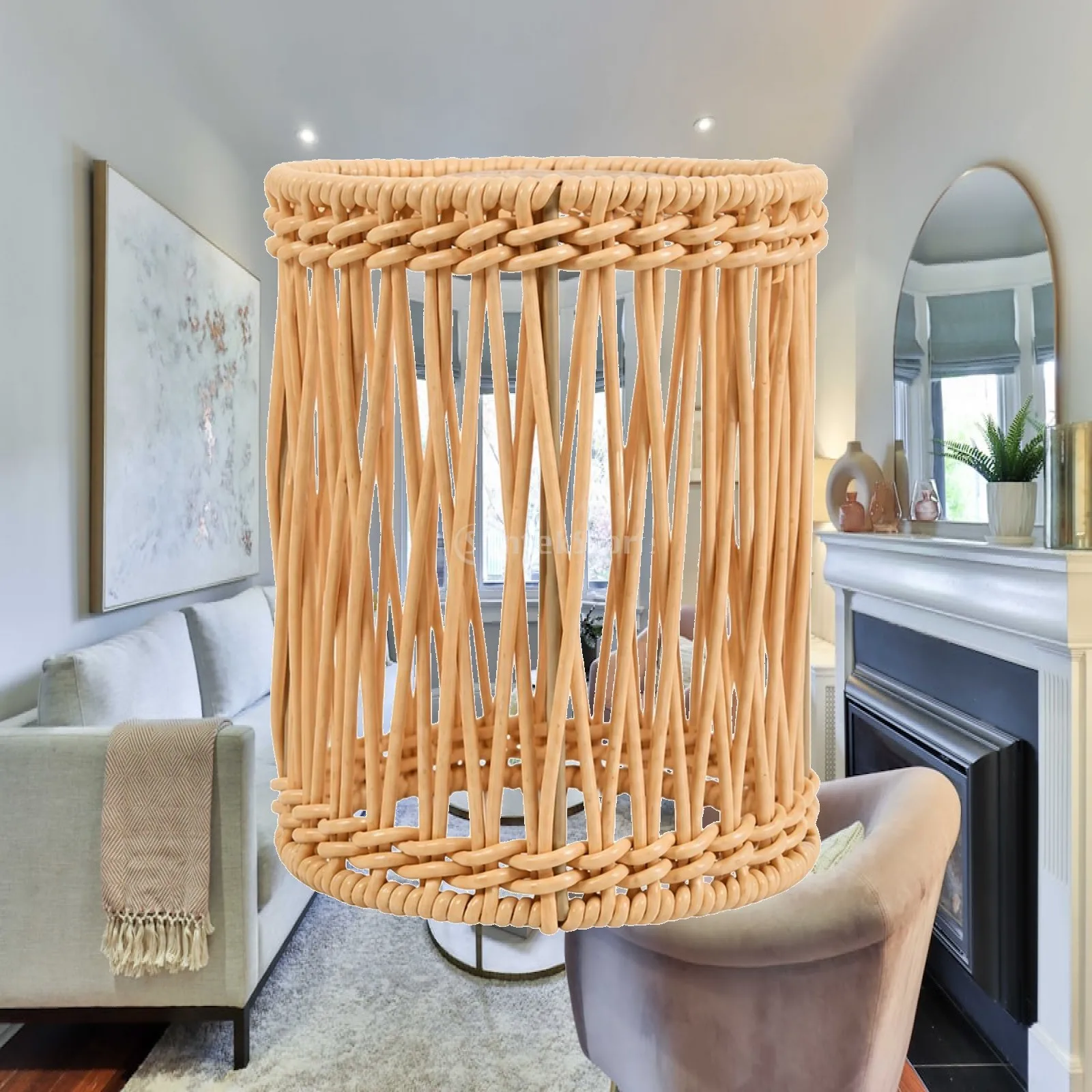 Cylindrical Rattan-Style Pendant Shade Decorative Cylindrical Hanging Shade with Open Lattice Design Lightweight Woven Lattice