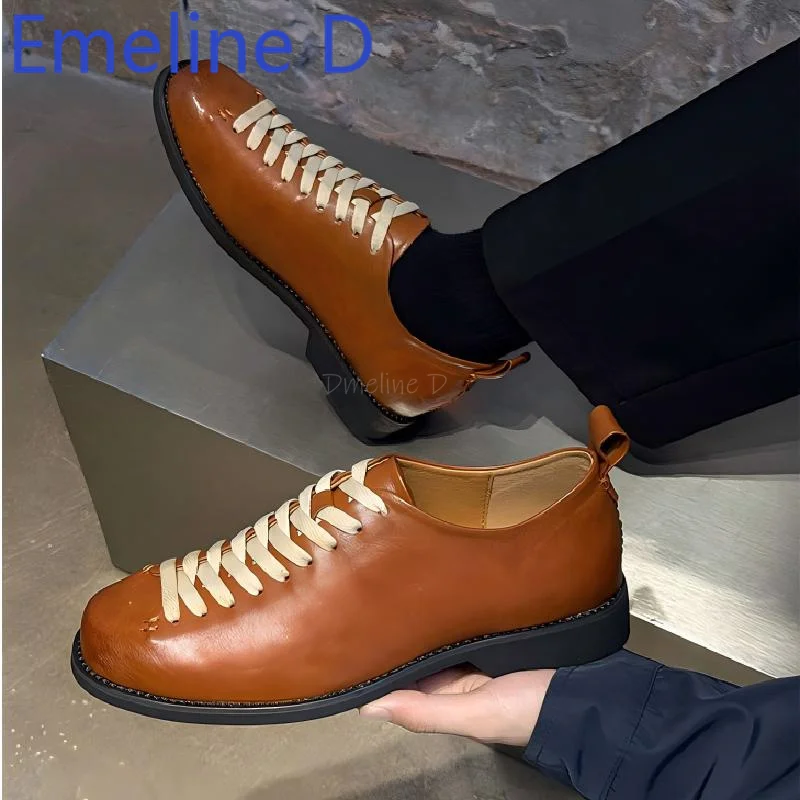 

Lace Up Formal Business Shoes Simple Style Flat Heel Casual and Comfortable Round Toe Flat Bottomed Commuting Leather Shoes