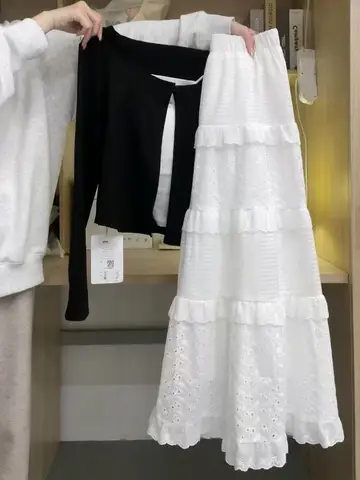 레이스 밑단 반신 스커트 A라인 하이웨이스트 중간 길이 단색 레이스 밑단 레이스 테두리 배색 배색 A라인 허리 조임 여성용 반신 스커트 반신 원피스 스커트