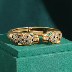 Vintage Green Eyed Leopard Head Opening Bangles Handmade Charm Bracelet Gold Color Antique Jewelry for Women Rhinestones New