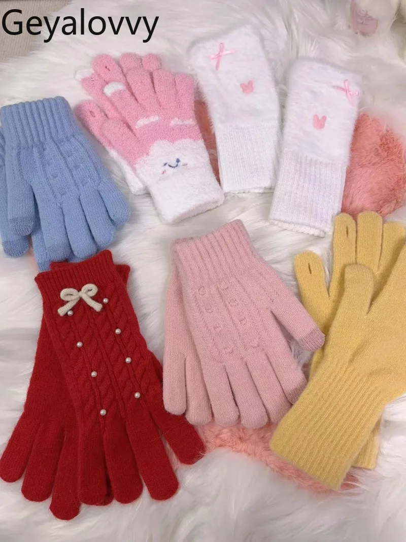 

Теплые морозостойкие перчатки, плюшевые вязаные милые зимние универсальные студенческие утолщенные перчатки с сенсорным экраном и пятью пальцами для мужчин и женщин