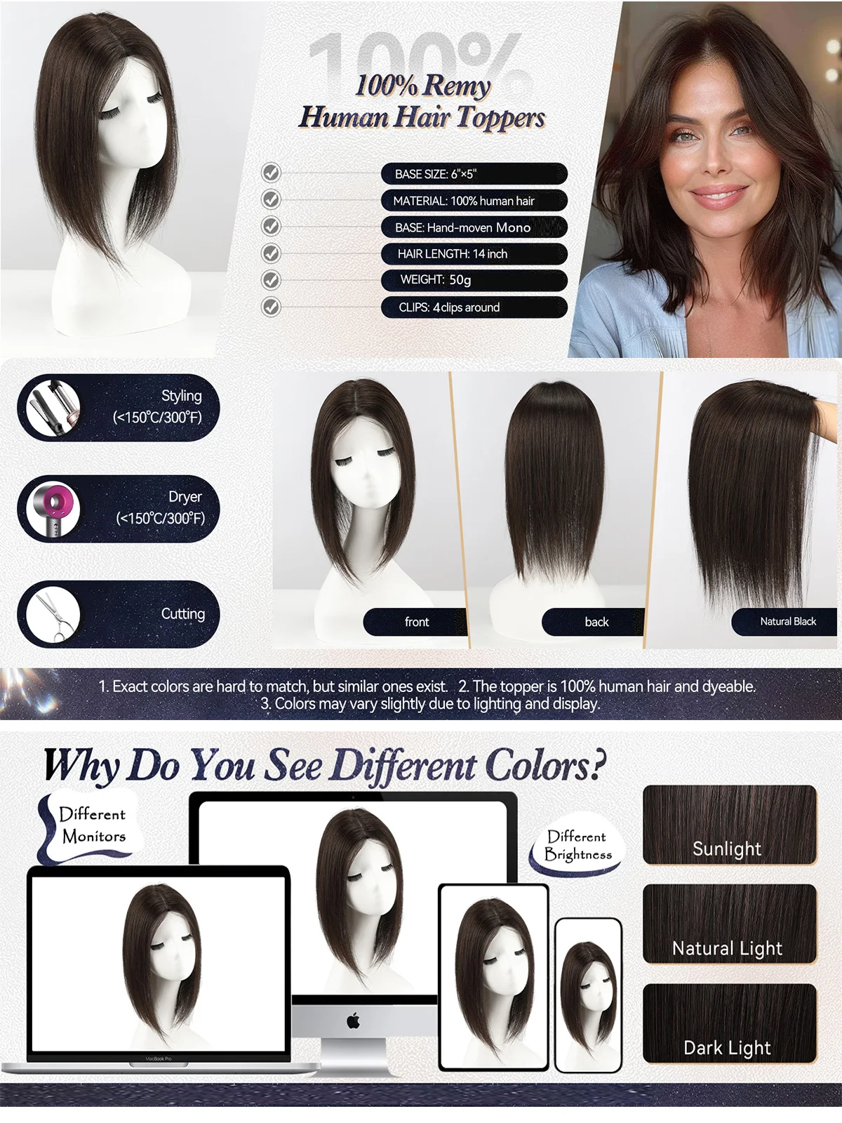 100% Real Human Hair Toppers for Women Clip in Hairpieces Breathable 5"x 6" Big Mono Base for Covering Greyish Thinning Hair