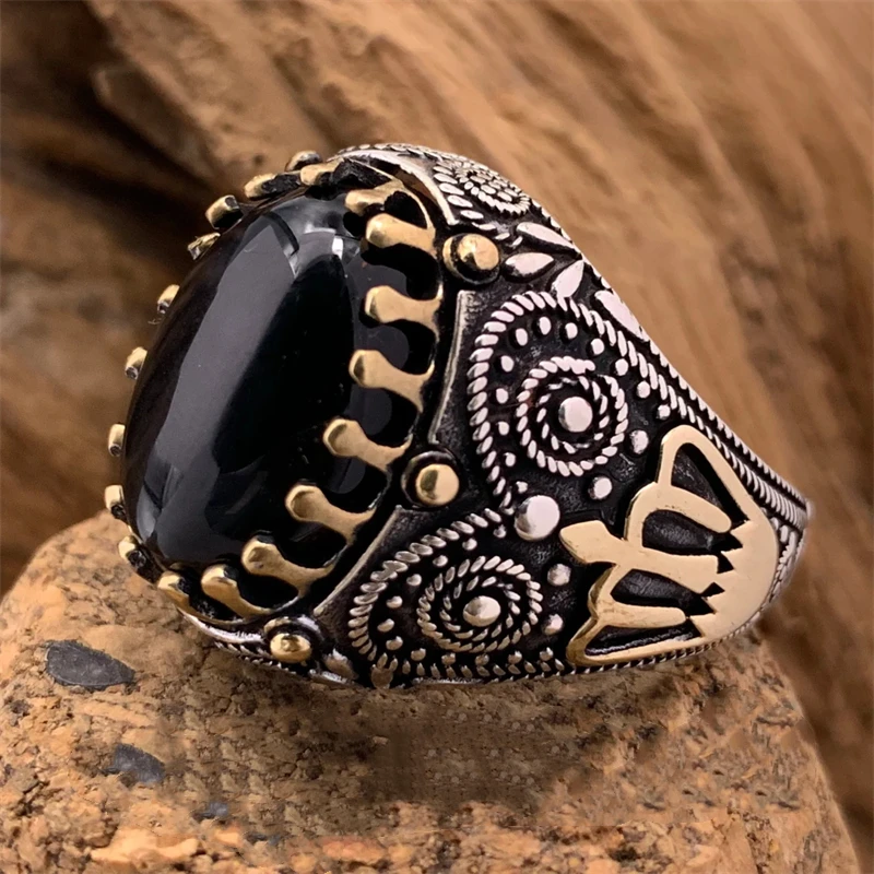 Turquoise Tiger Stone Crystal Amber Ant Men's Ring Personality Fashion Temperament Cold Wind Banquet Jewelry Design Ring