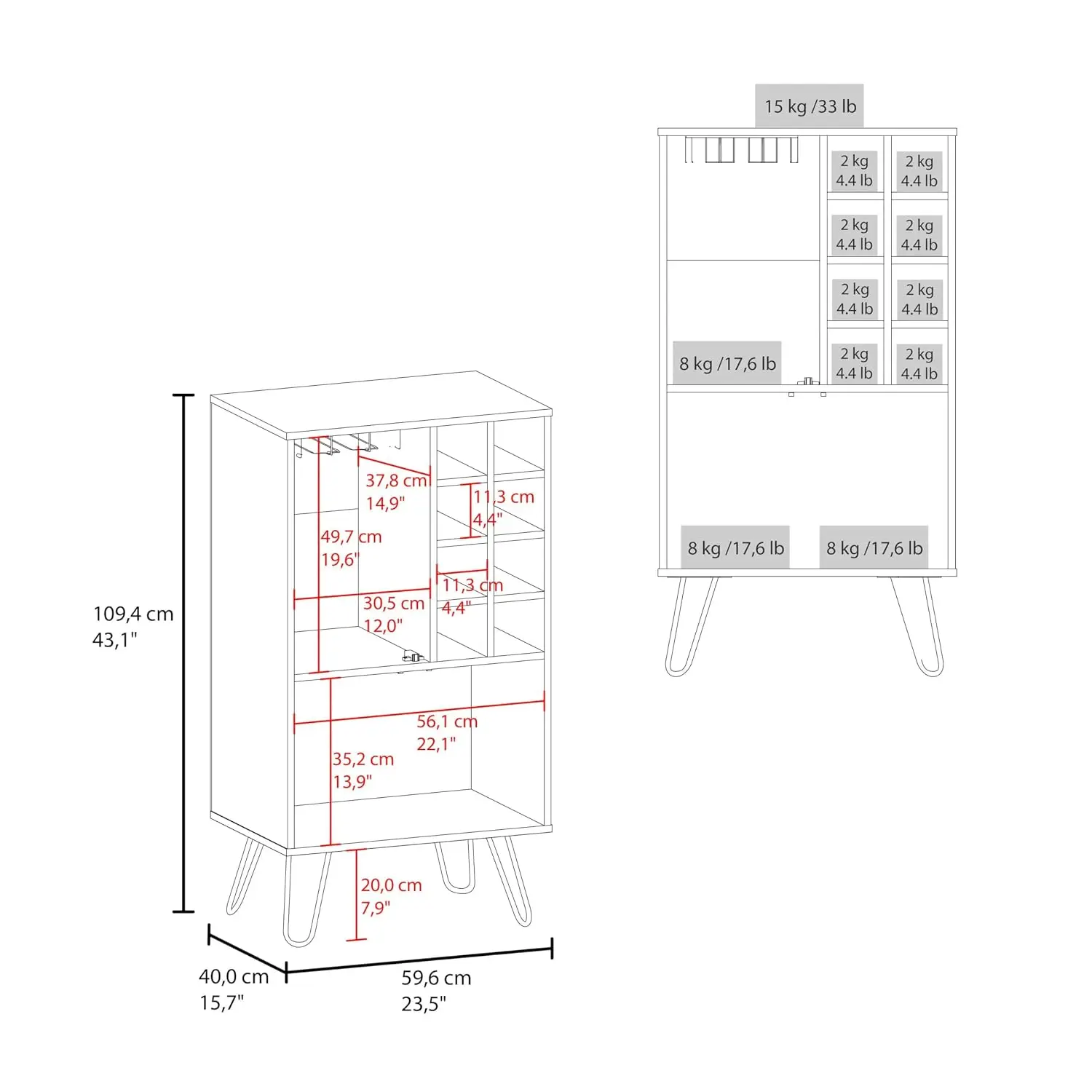 White Oak Bar Cabinet with Glass Rack & Wine Storage for Home Bar, 8 Bottles 2 Doors, Customized