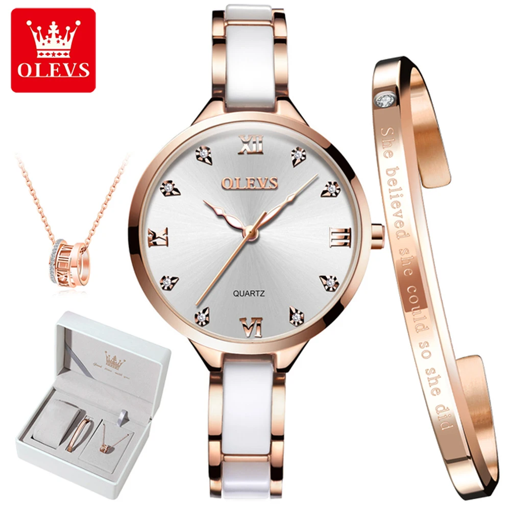 OLEVS-reloj de cuarzo para mujer, accesorio con movimiento japonés, resistente al agua hasta 30M, elegante correa de cerámica, regalo para el Día de San Valentín