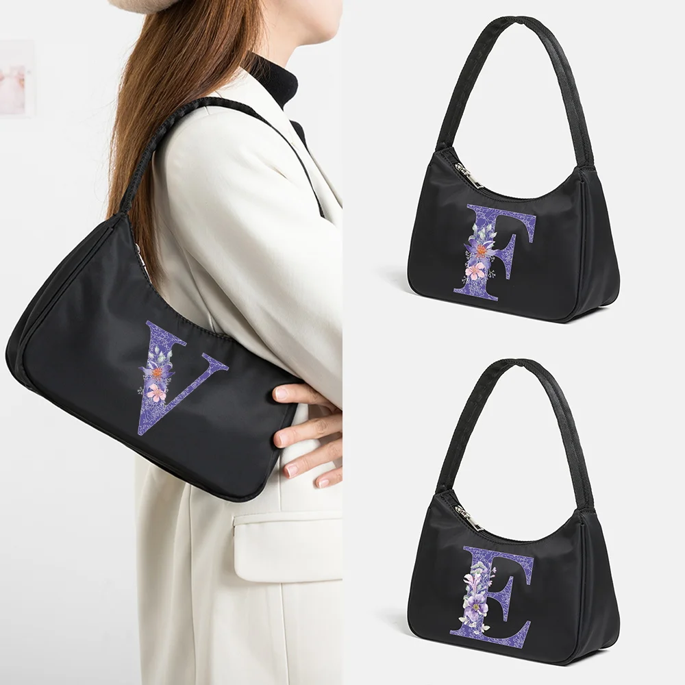 

Single Shoulder Bag Large Capacity 2025 New Purple Flower Series Nylon Underarm Bags Multifunctional Cosmetic Organizer Handbags