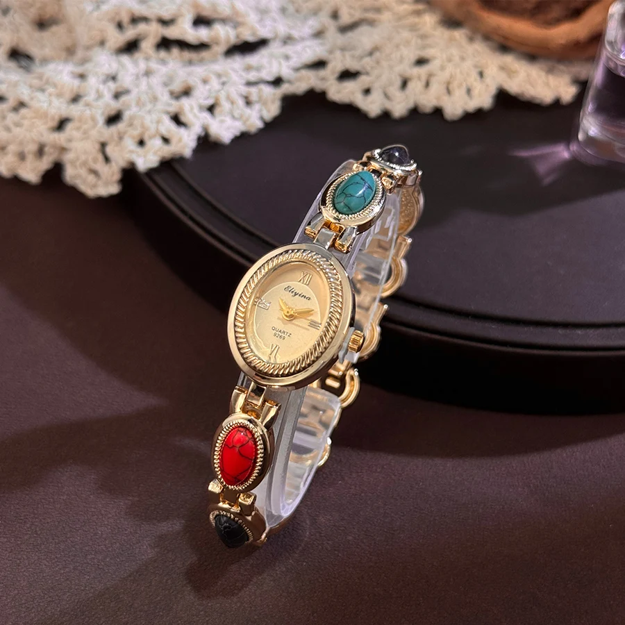 Femme Quartz Watch with Colored Gemstones Lithium Alloy Bracelet Oval Texture Case Vintage French COURT Style Handiwork