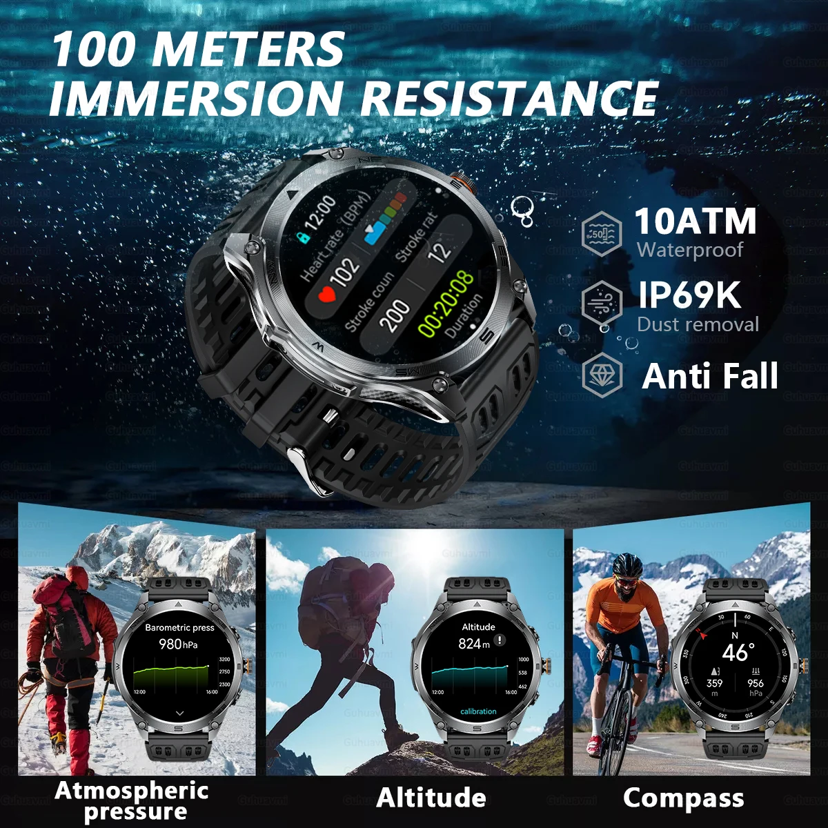2025 New Military Smart Watch 1000Mah Battery GPS Compass 10ATM Waterproof Tactics Sport Flashlight BT call Smart Watch For Men