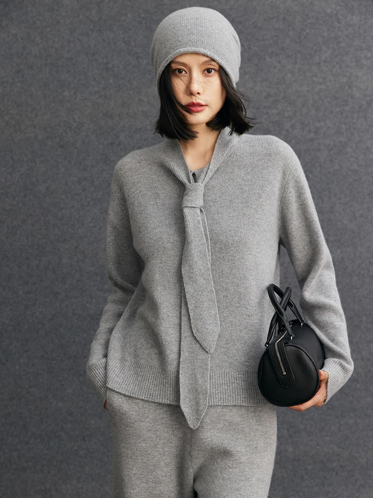 TLOML Women's Lace Up Collar Pullover sweater 100% Cashmere Knit Office Lady Basic Cashmere Knitwear Autumn Winter Soft Warm Top