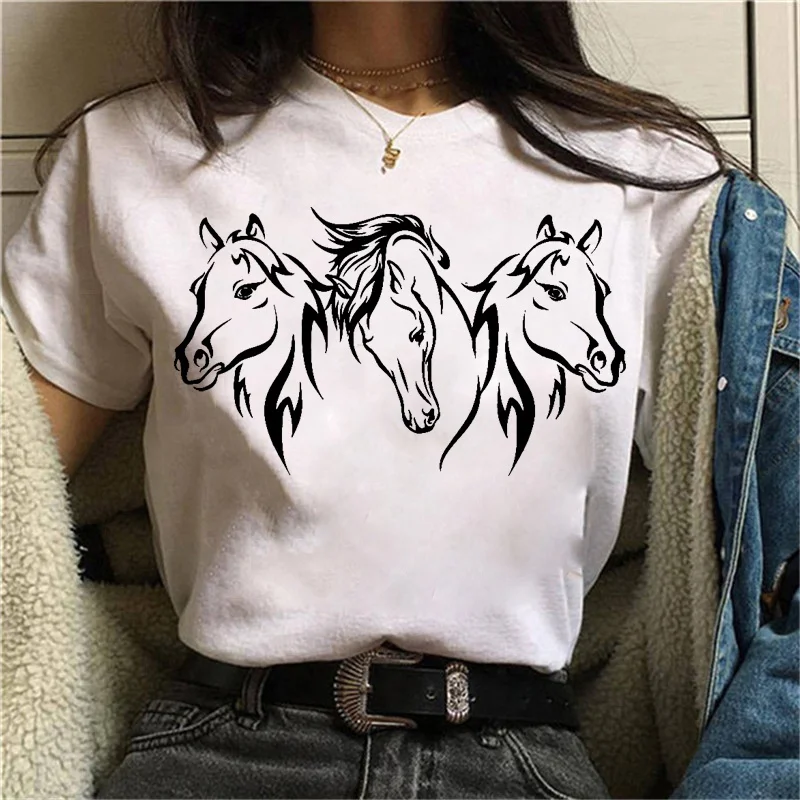 Camisetas con estampado de cabeza de caballo para mujer, camisetas informales de manga corta, divertidas, Tops de cuello redondo para mujer