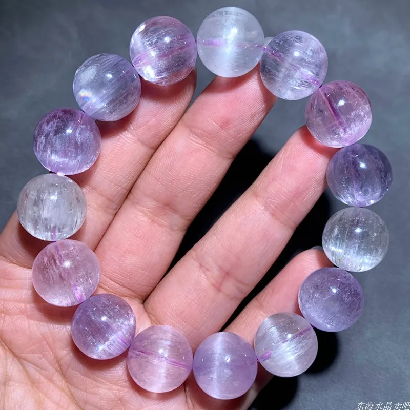 

Natural Top Rare Purple Lepidolite Bracelet Ice Texture Lavender Purple Amethyst Quartz Round Kunzite Bracelets Women 6-7inchL
