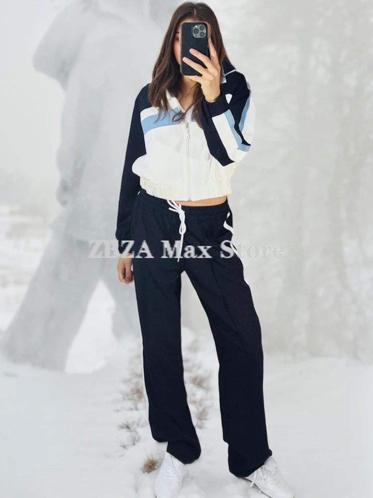 ZBZA Sports Jacket Pants Suit Stand Collar Pockets Zip Pilot Coat Elastic Waist Lace-up Straight-leg Pants Fall Female Chic Set