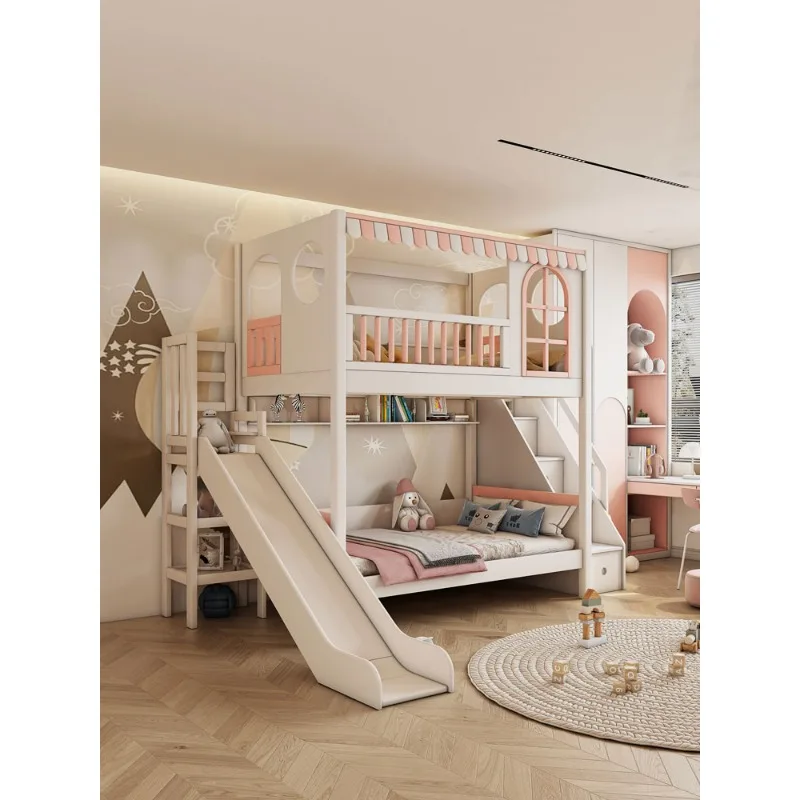 Double solid wood thickened high and low bed, pink mother and child bed with slide combination bed