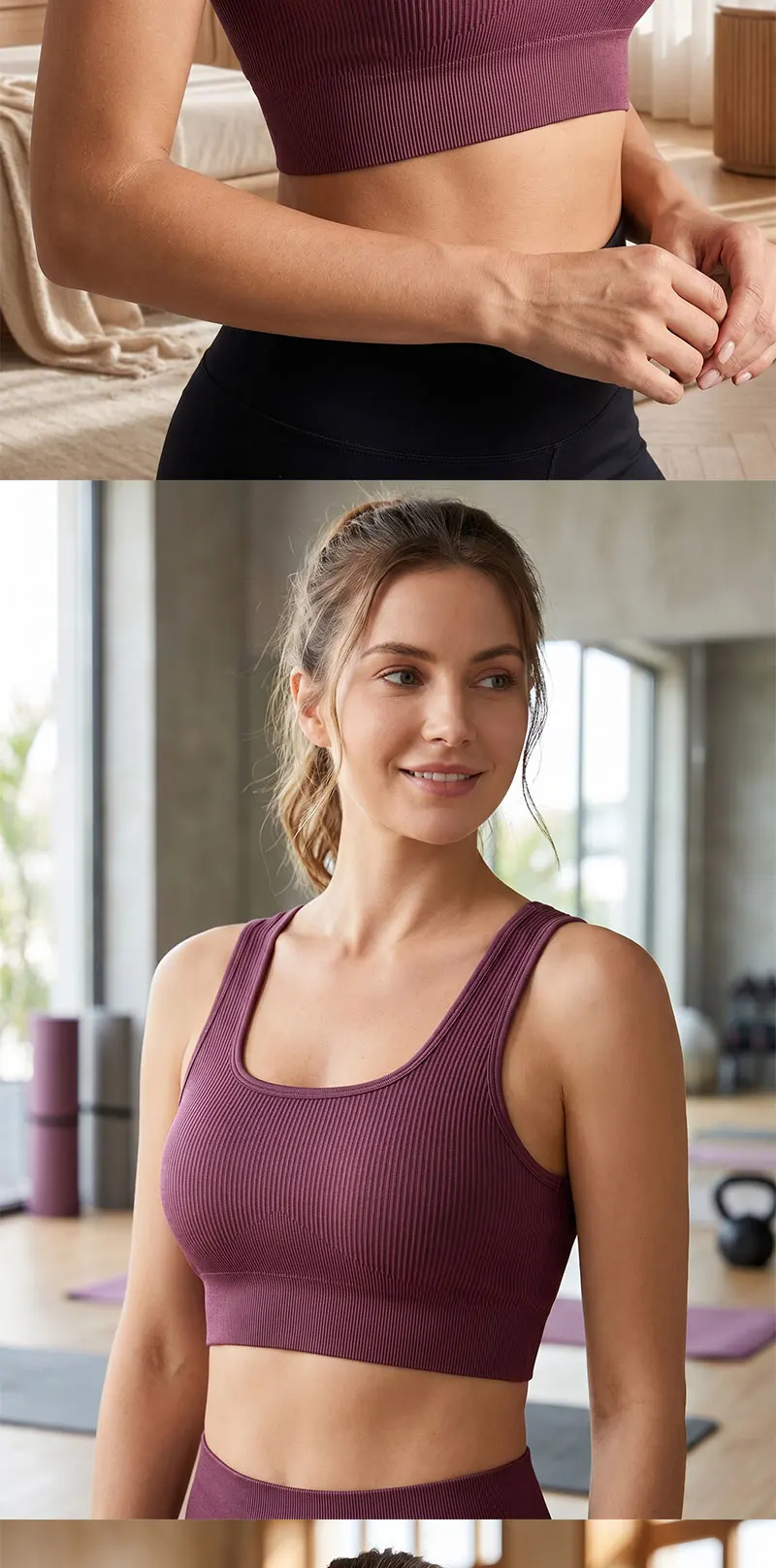 Nahtloses geripptes Crop-Tanktop für Damen, gepolsterter BH, quadratischer Ausschnitt, ärmellose Sportweste, hohe Dehnbarkeit, weich, atmungsaktiv, Fitness-Yoga-Top – Detail 7
