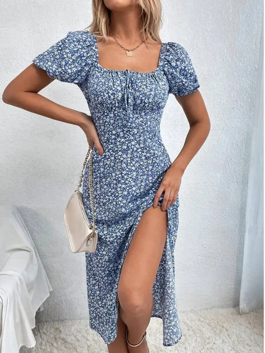 여성 보헤미안 스타일 휴가복 프렌치 스타일 꽃무늬 프린트 주름 장식 허벅지 트임 밀크메이드 퍼프 소매 스퀘어 넥 드레스 97AZ