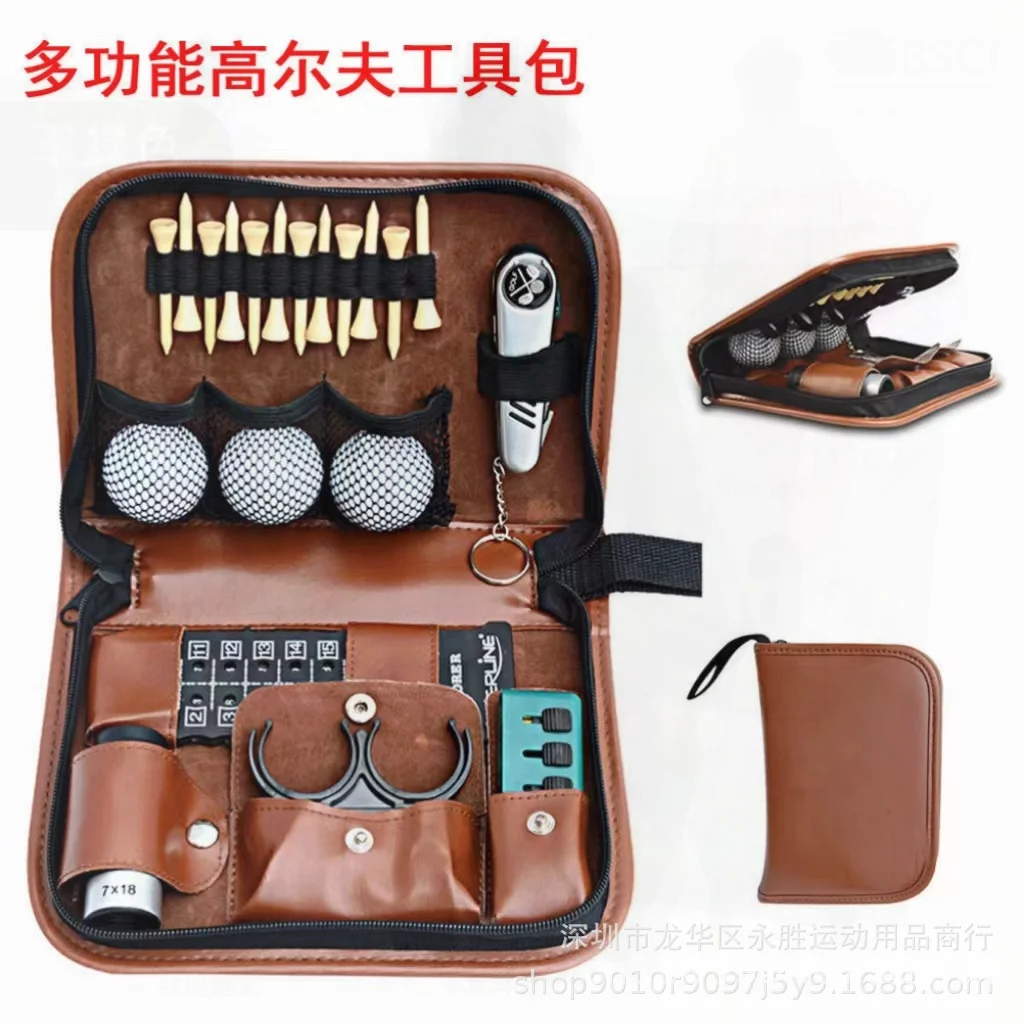 حقيبة جولف جلدية متعددة الوظائف ذات سعة كبيرة للتخزين وسهلة الحمل وإكسسوارات الجولف المقاومة للماء باللونين البني والأسود