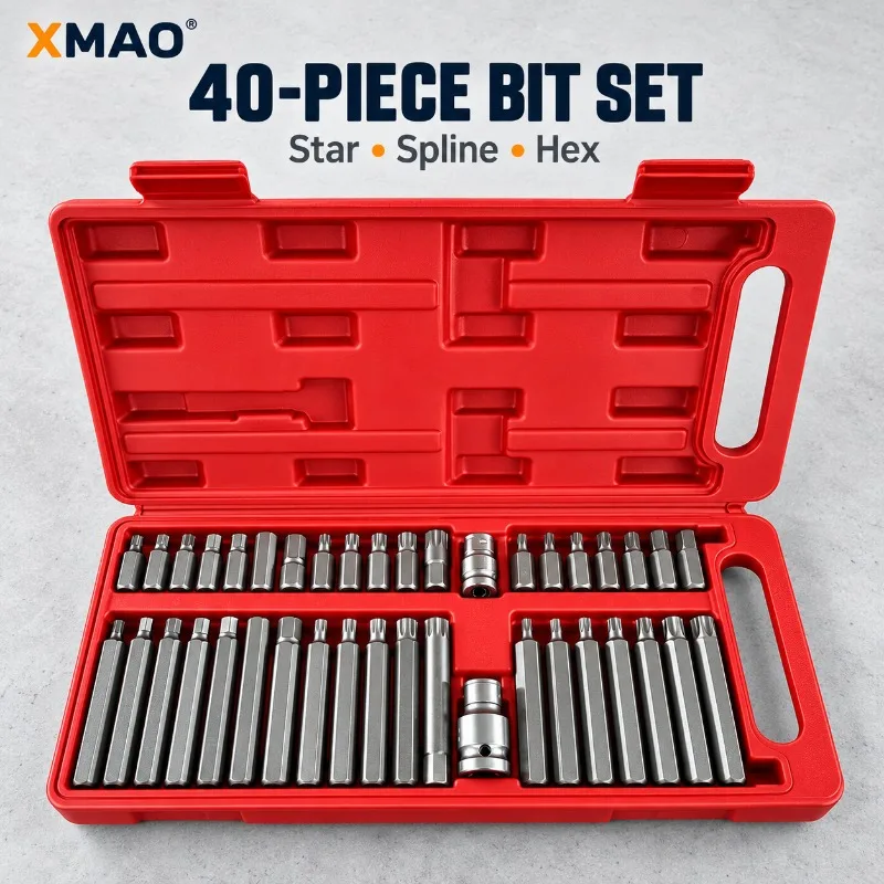 40-Piece Star Hex Spline Bit Socket Set with Long and Short Bits and 3/8 and 1/2 Inch Drive Adapters, Red Case for Mechanics