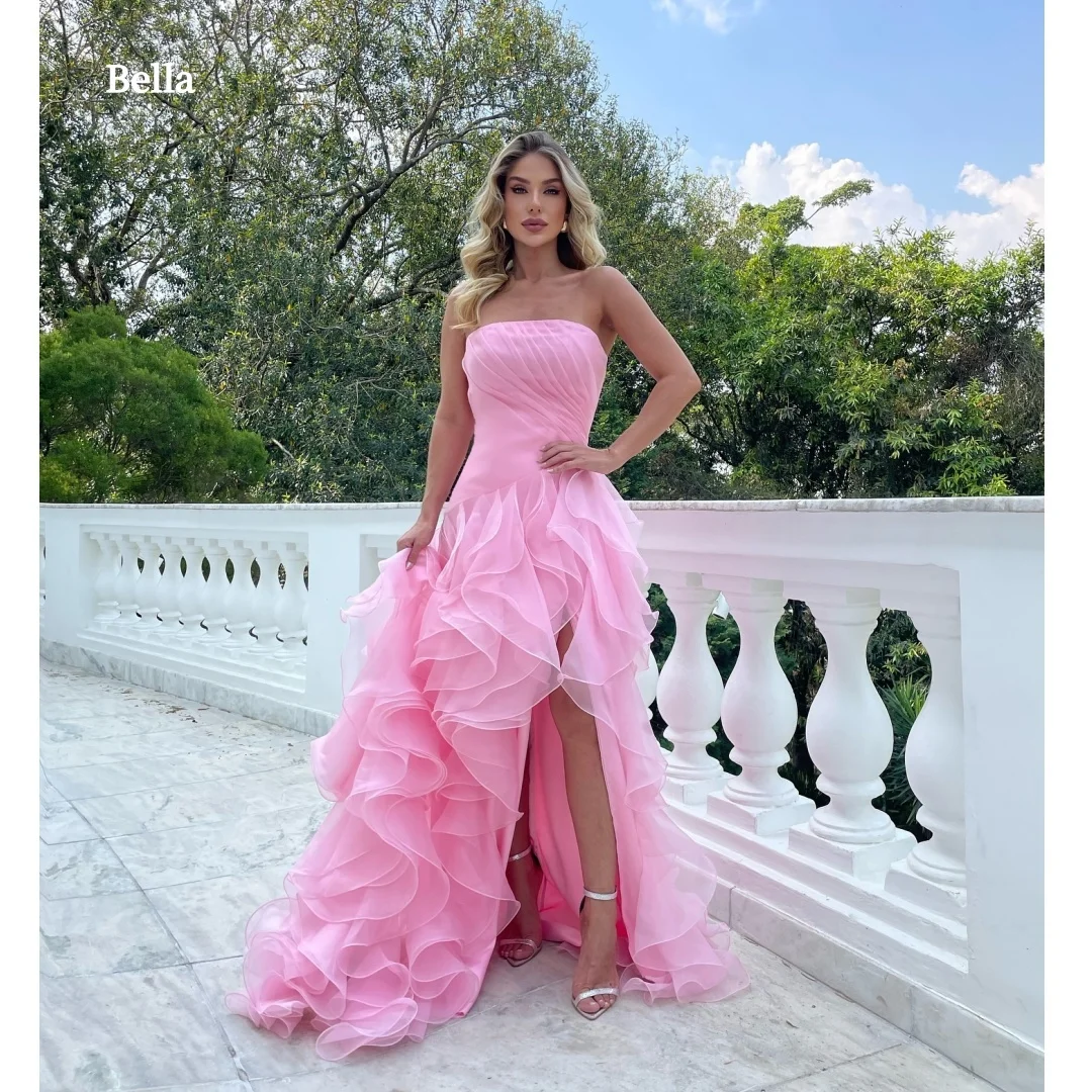 

Bella Customized Prom Dress robes de soirée Party Dresses Pink Strapless Ruffle Split Mermaid Long Formal Gown For Women 2026