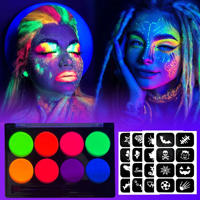 8色水性フェイスペイントキット 蛍光ネオンボディペイント 暗闇で光る 速乾性 ボディスキンコスプレメイク ステンシルとブラシ付き