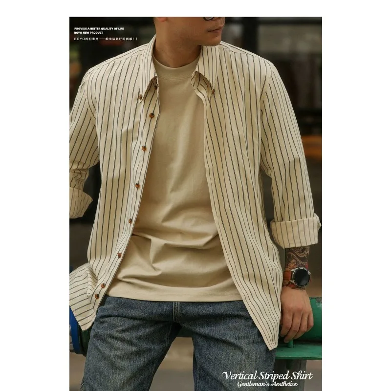 قميص فرنسي مخطط بأكمام طويلة مع ياقة مدببة للخريف قميص رجالي جديد عصري غير رسمي خالي من الحديد بقصة ضيقة ومتعدد الاستخدامات #4