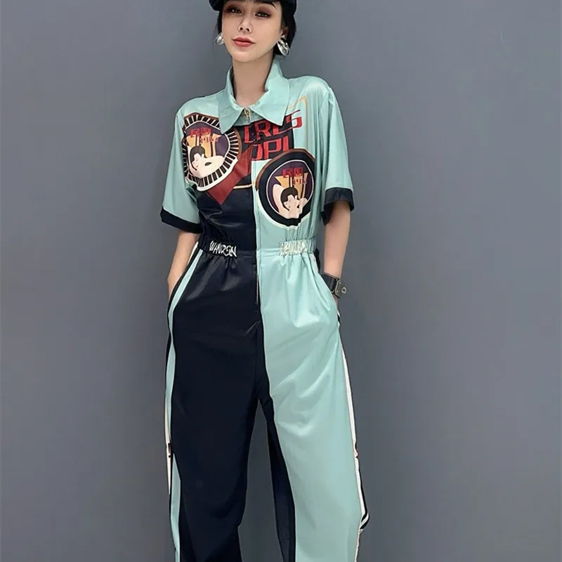 2024 Summer Autumn Printing Jumpsuit Female Polo Collar Short Sleeve Romper Contrast Casual One Piece Overalls All Match