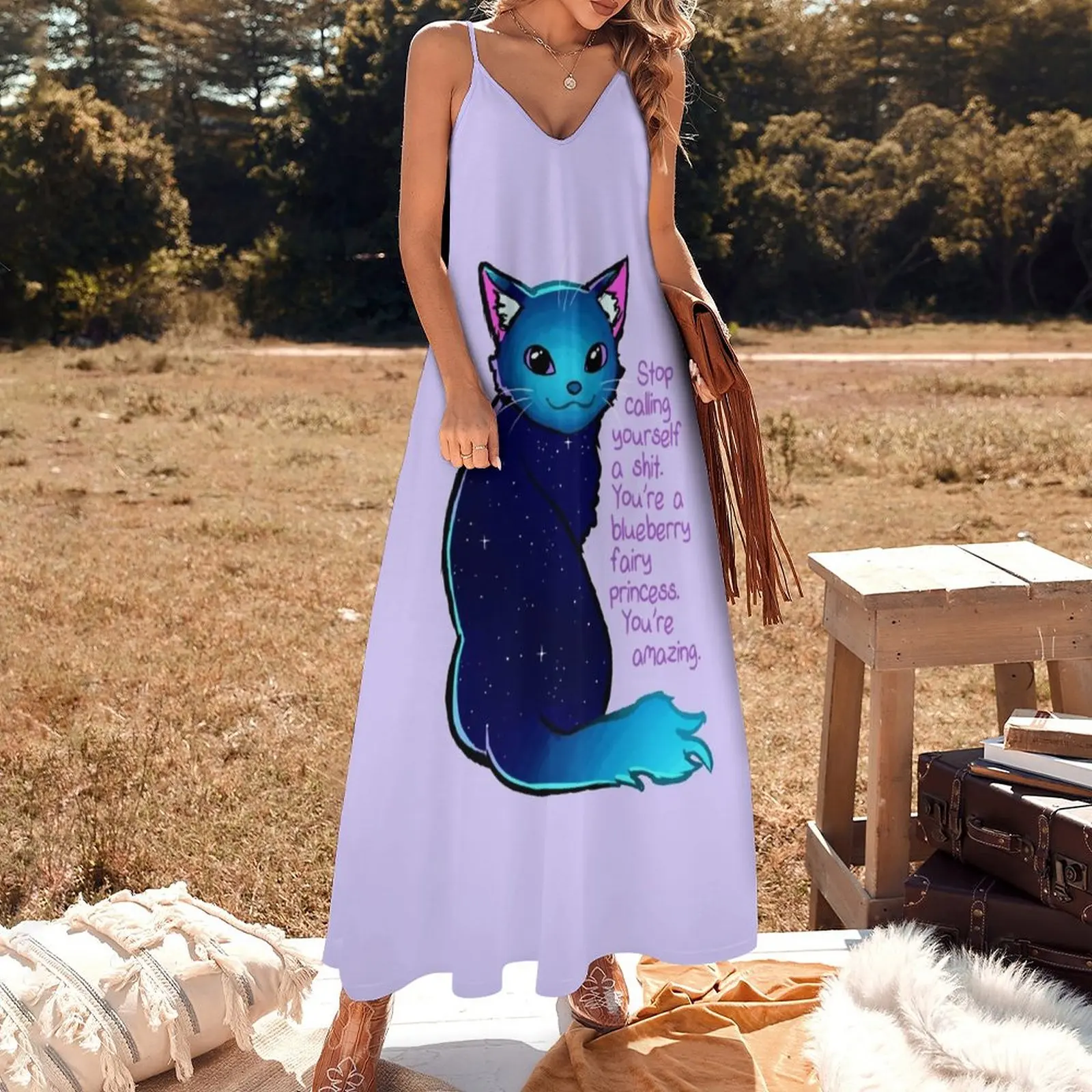 Женское длинное платье без рукавов, элегантное праздничное платье с изображением Феи черники и галактики кота, одежда для женщин 2024