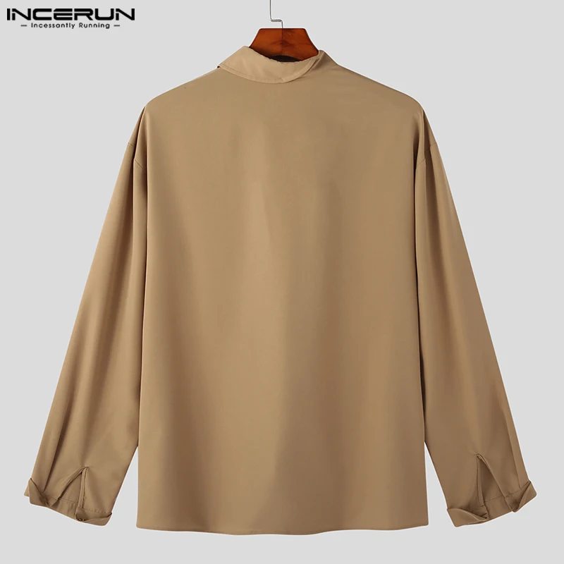 INCERUN 2023 Men\'s Irregular Shirt Solid Color Stand Collar Loose Long Sleeve Casual Men Clothing Streetwear Fashion Male Shirts