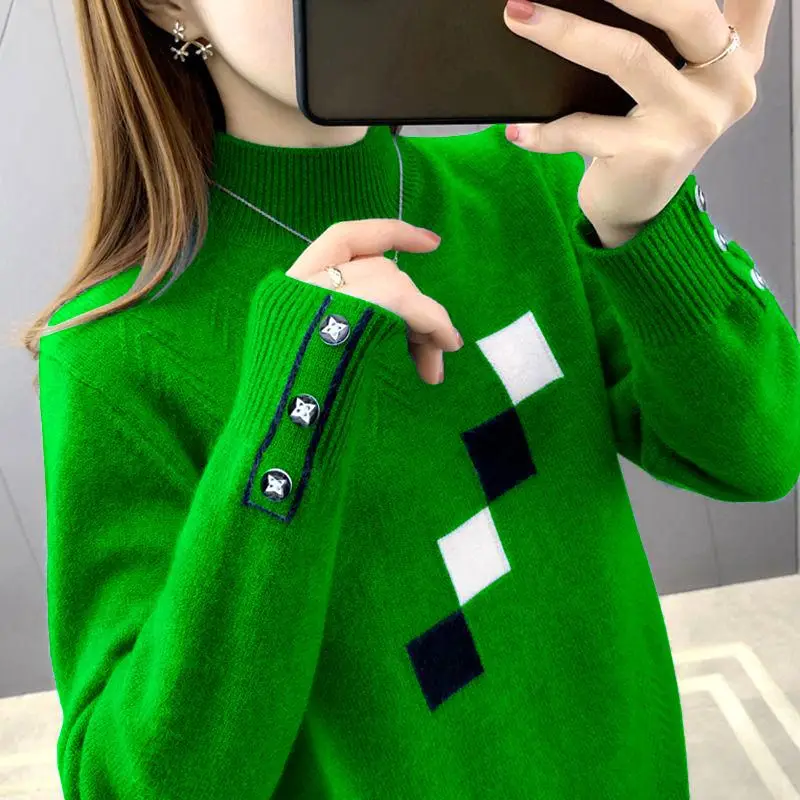 Fashion Turtleneck Spliced Button All-match Casual Sweaters Female Clothing 2023 Autumn Winter New Korean Pullovers Sweaters