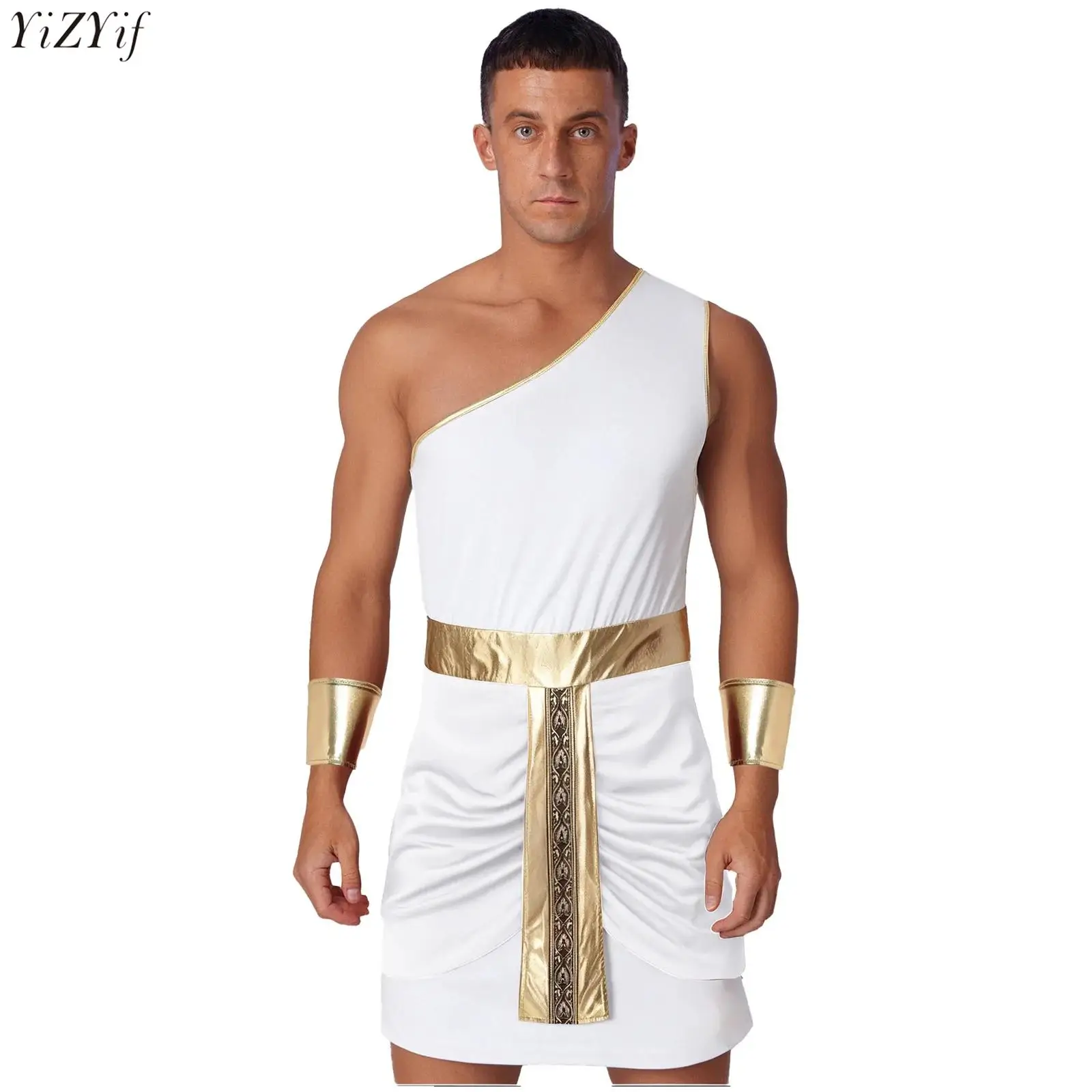 

Men's Halloween Cosplay Egyptian Pharaoh Toga Sleeves One Shoulder Metallic Shiny Color Block Dress Robe Set for Theme Party
