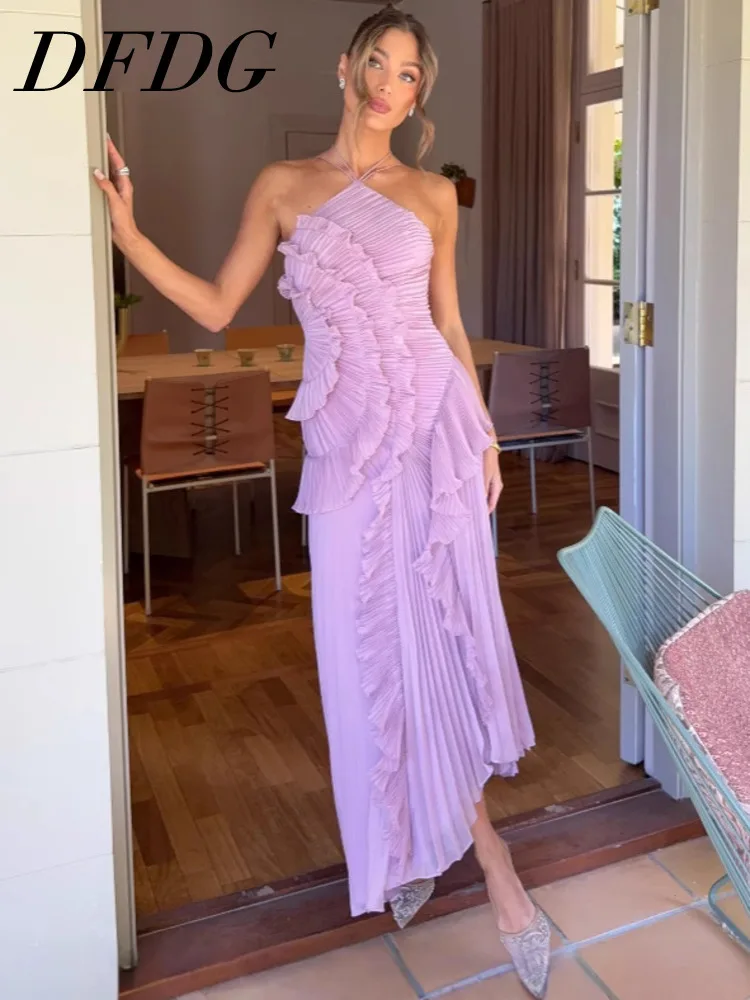 

DFDG 2023, весна-лето, женское асимметричное платье с лямкой на шее, плиссированное многоуровневое тонкое однотонное платье макси с рюшами, элегантное торжественное платье