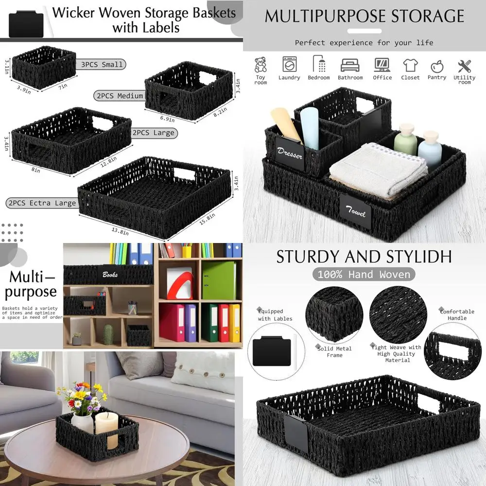 

Multi-Size Handwoven Paper Rope Baskets with Labels for Organizing, Ideal for Shelves, Closets, and Pantries