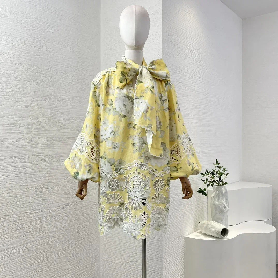 

Bow Lace-up Pure Linen New Design High Quality Yellow Floral Print Hollow Out Lantern Sleeve Embroidery Women Mini Dress