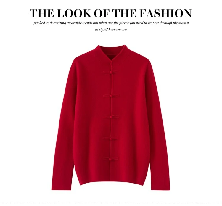 

100% pure wool button cardigan thickened knitted sweater high-end stand-up collar national style sweater jacket