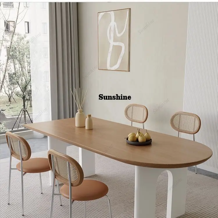 

Cream wind solid wood dining table Household rectangular semi-round dining table against the wall