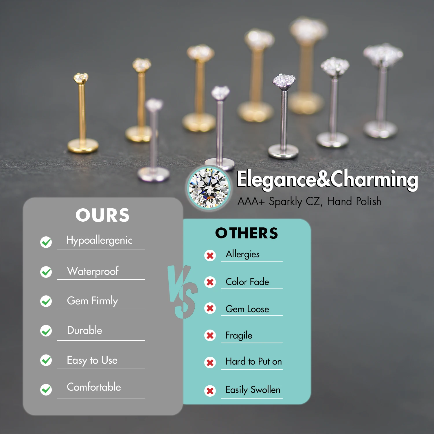 5Pcs Stainless Steel Earrings  - Flat Back Labret Stud ulasan dan harga