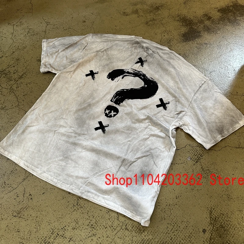 Retro High Street Trend Brand KANYE WEST Short Sleeve T-shirt Do Old Mud Dyed Cross Back Question Mark Print Top Tee Shirts