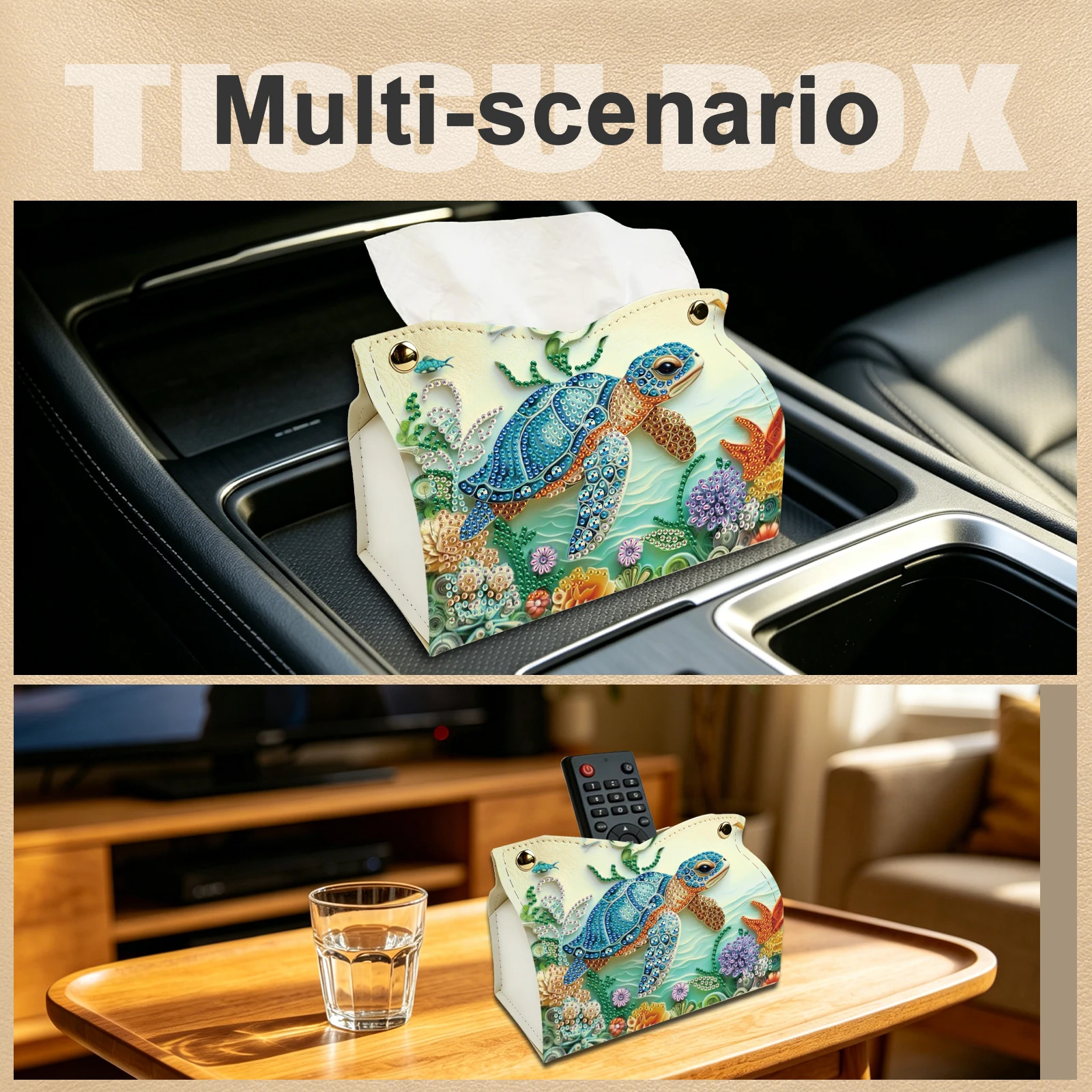 Diamond Painting Tissue Box Holder Kits,sea turtle Special Shaped Diamond Art PU Leather Tissue Cover Case for Home Decor Gift