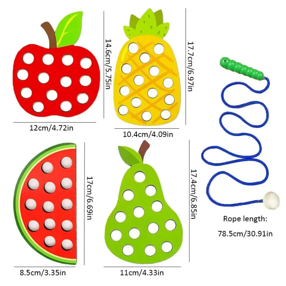 Drewniana tablica do nawlekania owoców, wczesna edukacja, rozpoznawanie kolorów, Montessori, nawlekanie sznurka, koordynacja wzrokowo-ruchowa, pomoce dydaktyczne
