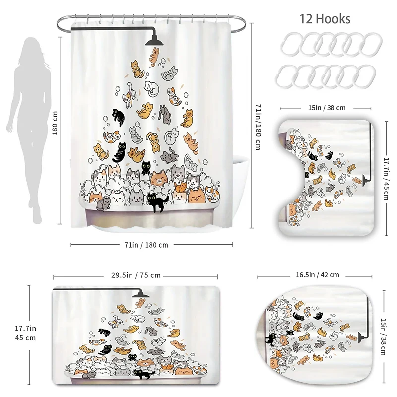 1/4pcs Cute Cat Printed Shower Curtain Set Shower Curtain With 12 Hooks Polyester Bath Curtain Bathroom Partition Decoration