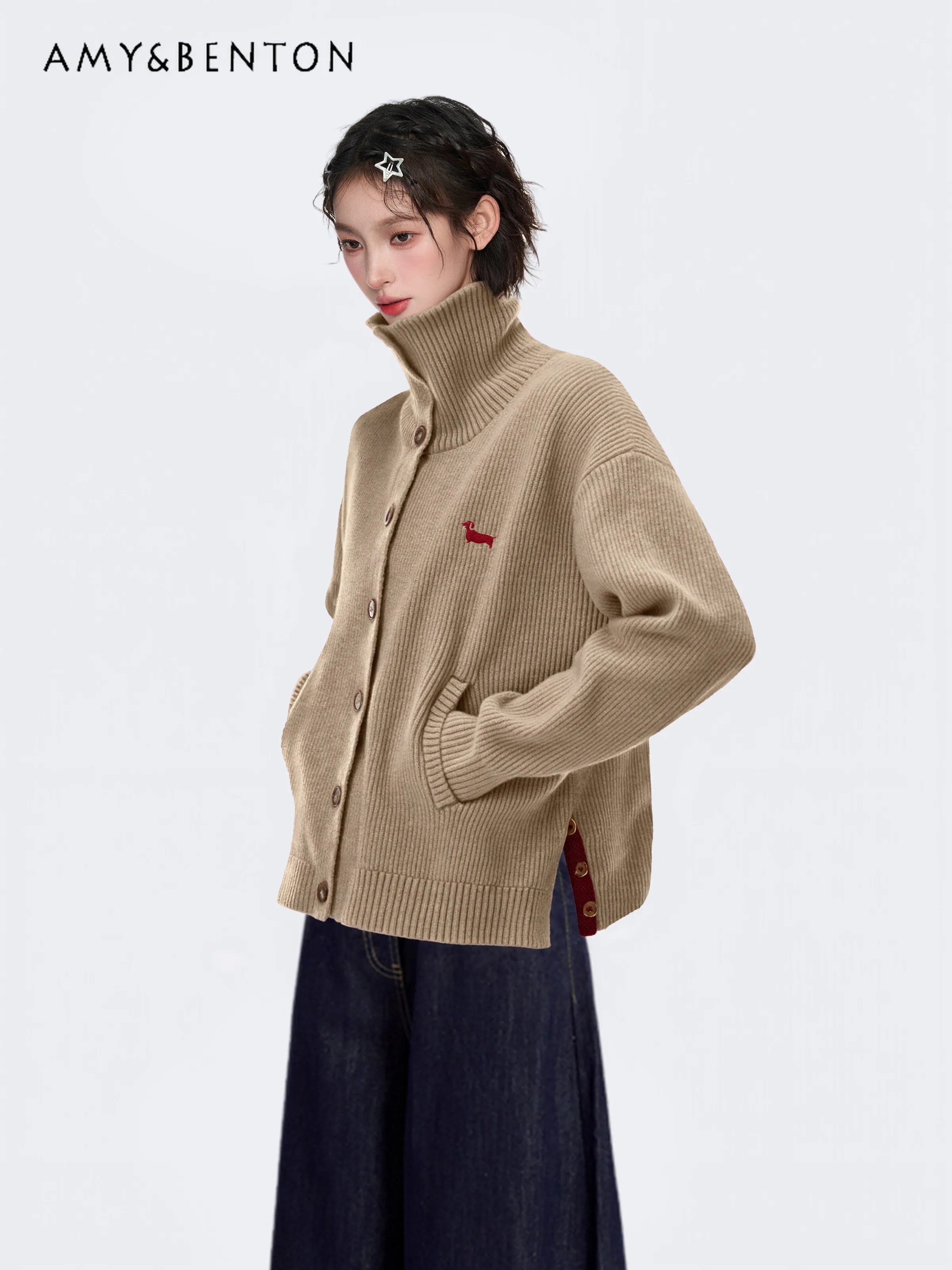 

Autumn Winter Commuting Style Women's Dark Gray Brown Stand Collar Cartoon Puppy Embroidery Loose Casual Knitted Cardigan