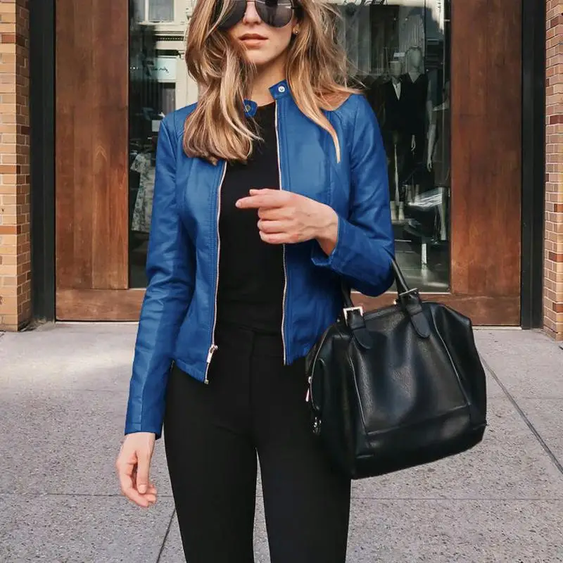 Briti Sle بسيط ربيع الخريف المرأة بولي Leather الجلود Jaet سليم صالح الوقوف طوق دراجة نارية السائق ort معطف سستة إغلاق