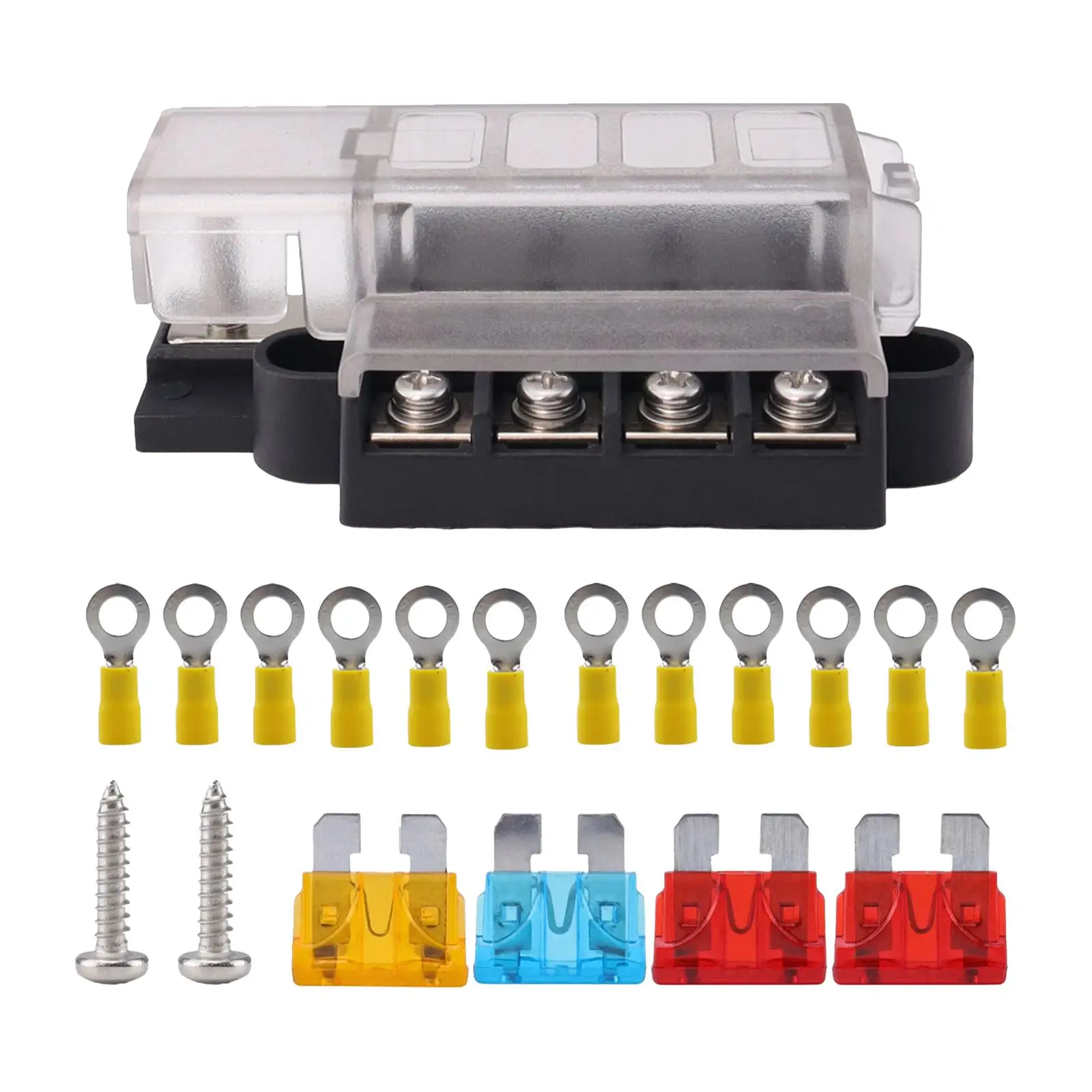 

4 Way Fuse Box 32V Blade Fuse Block 1 in 4 Out Easy to Install Spare Parts Fuse Holder Waterproof for Van,Car Automotive