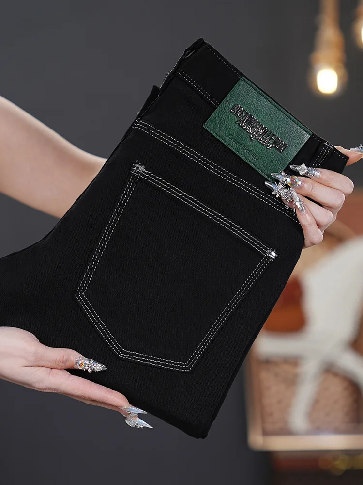 夏用薄手ジーンズ メンズ 純黒 スリムフィット 細身 伸縮性 おしゃれ 多機能 トレンド カジュアルパンツ