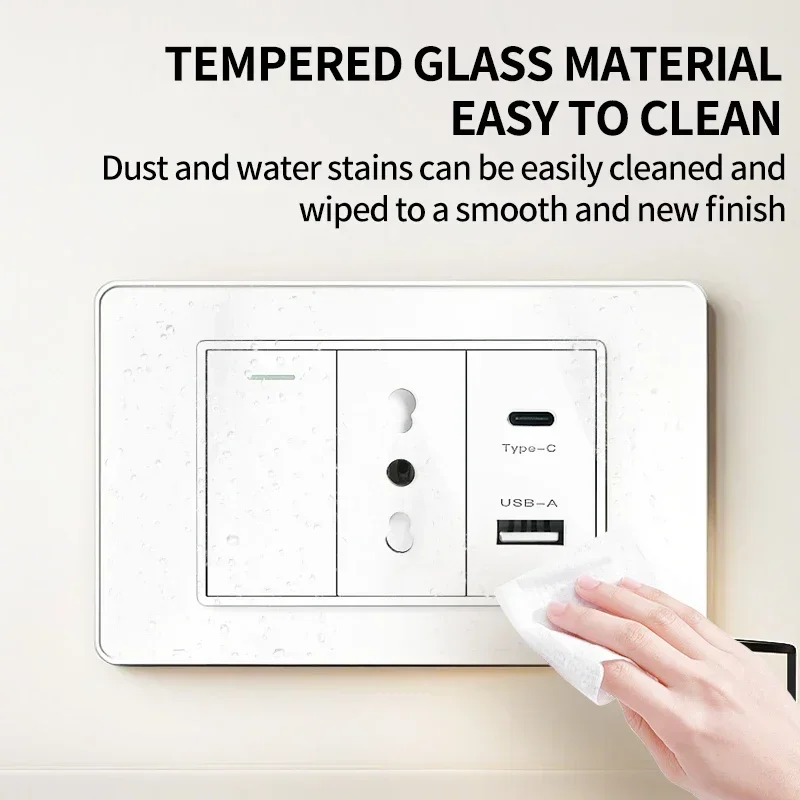 Tempered Glass 118x75mm Smart Wall Outlet - USB-C PD 3.0 Fast Charging & Italy/Chile Schuko Socket Combo​ Switch