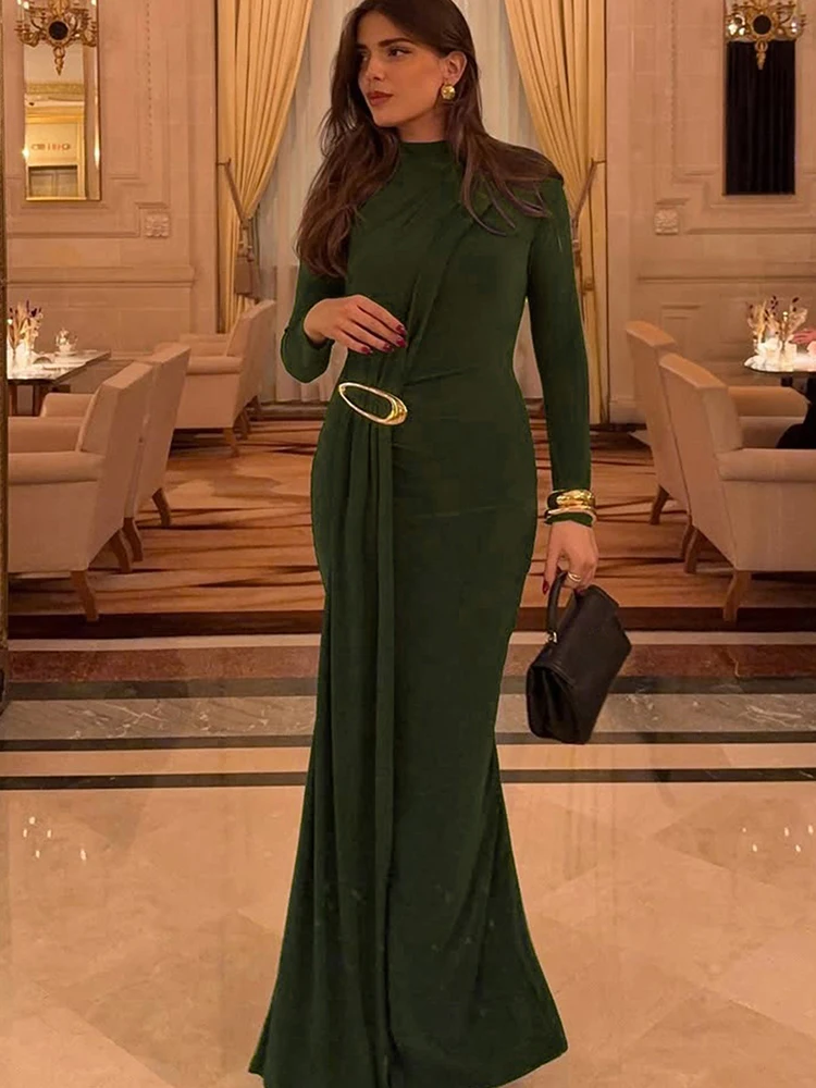 Kliou Ruched Elegant Long Dresses Woman o-Neck Full Sleeve Metal Trim Ribbon Decoration Gown Robe Prom Party Classic Vestidos